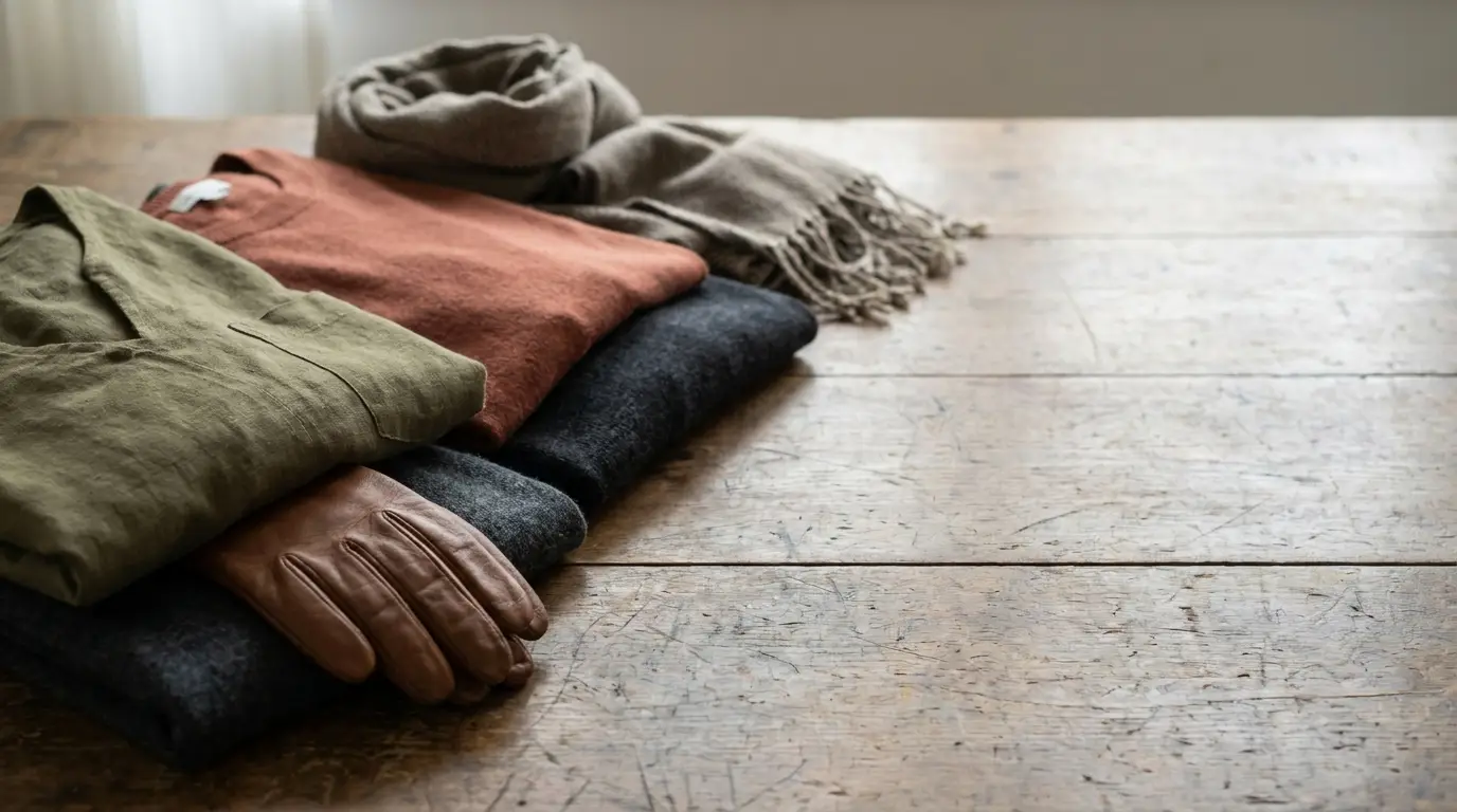 Folded clothing and accessories including scarf, gloves, and sweaters on rustic wooden table