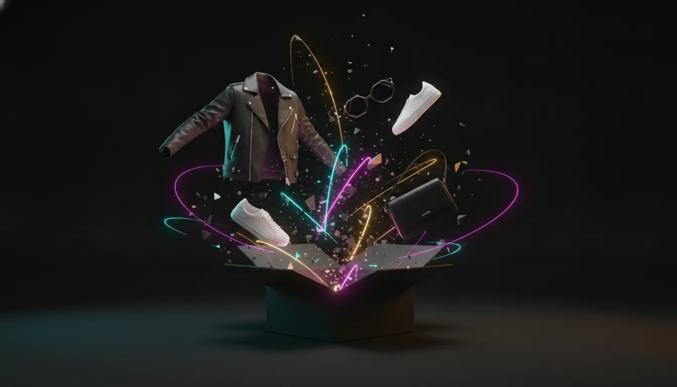 Black leather jacket, sneakers, glasses, and handbag emerging from glowing open box in dark space