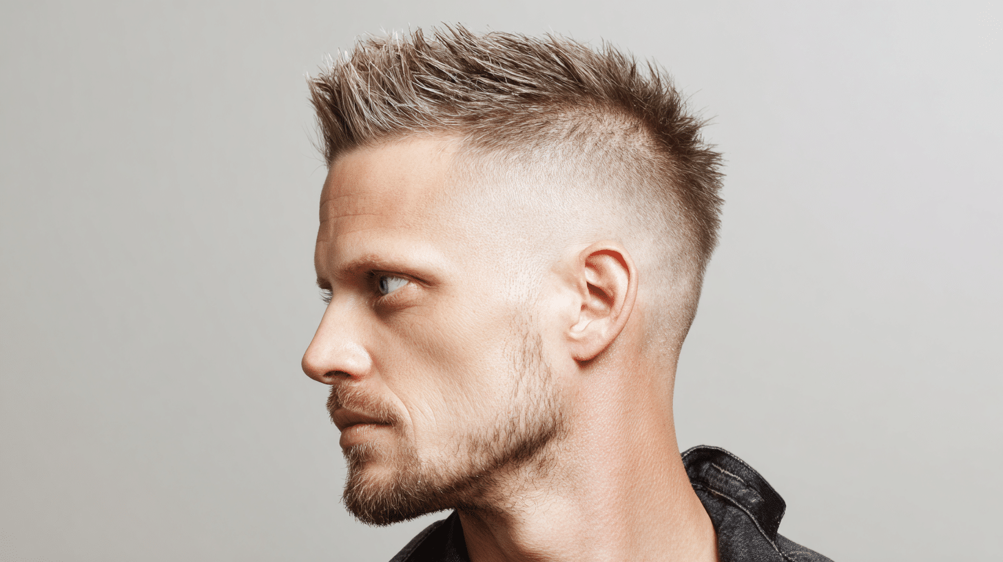 Man wearing modern faux hawk hairstyle with raised center hair