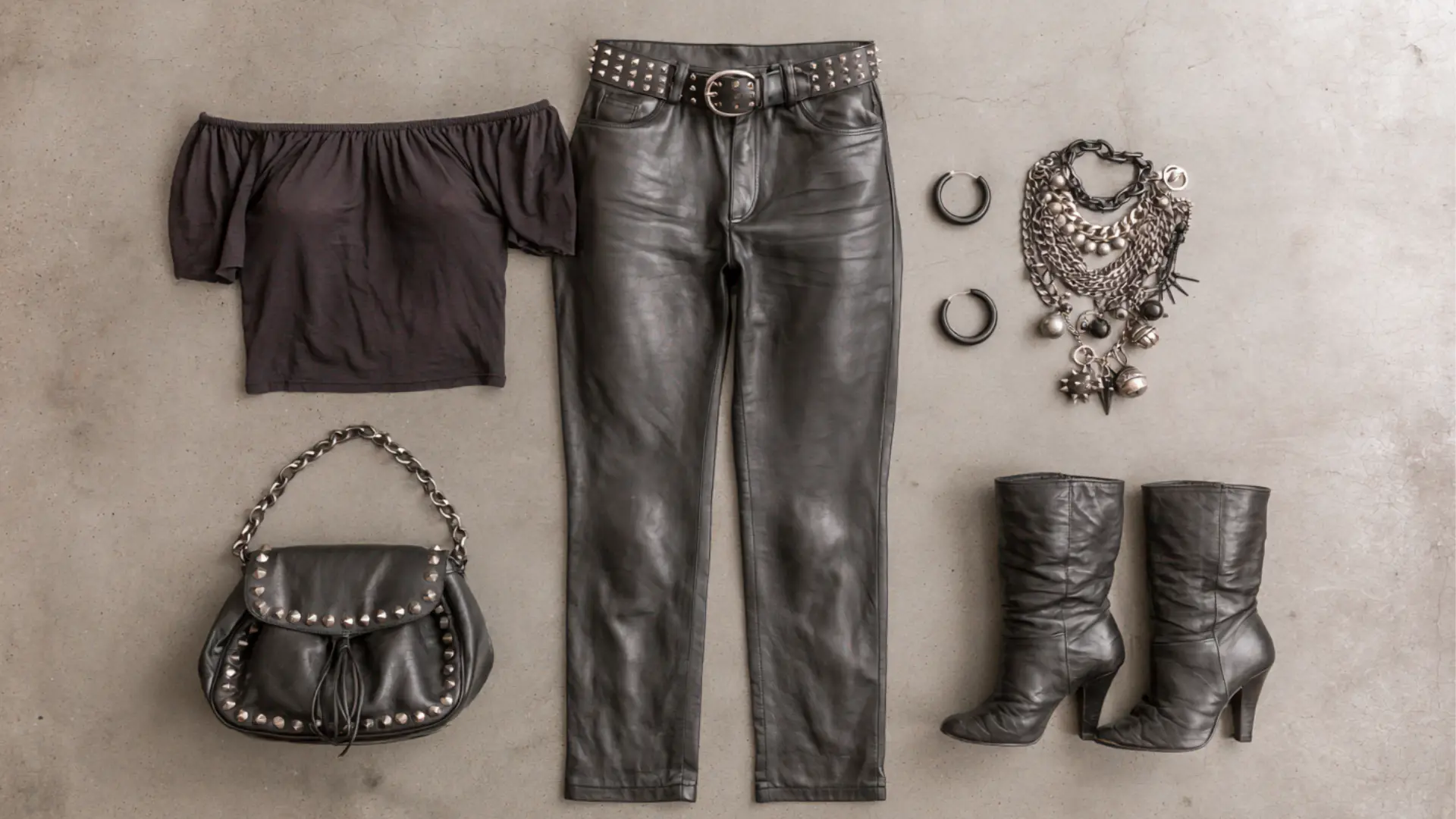 female 80s punk glam outfit with leather pants and studded accessories