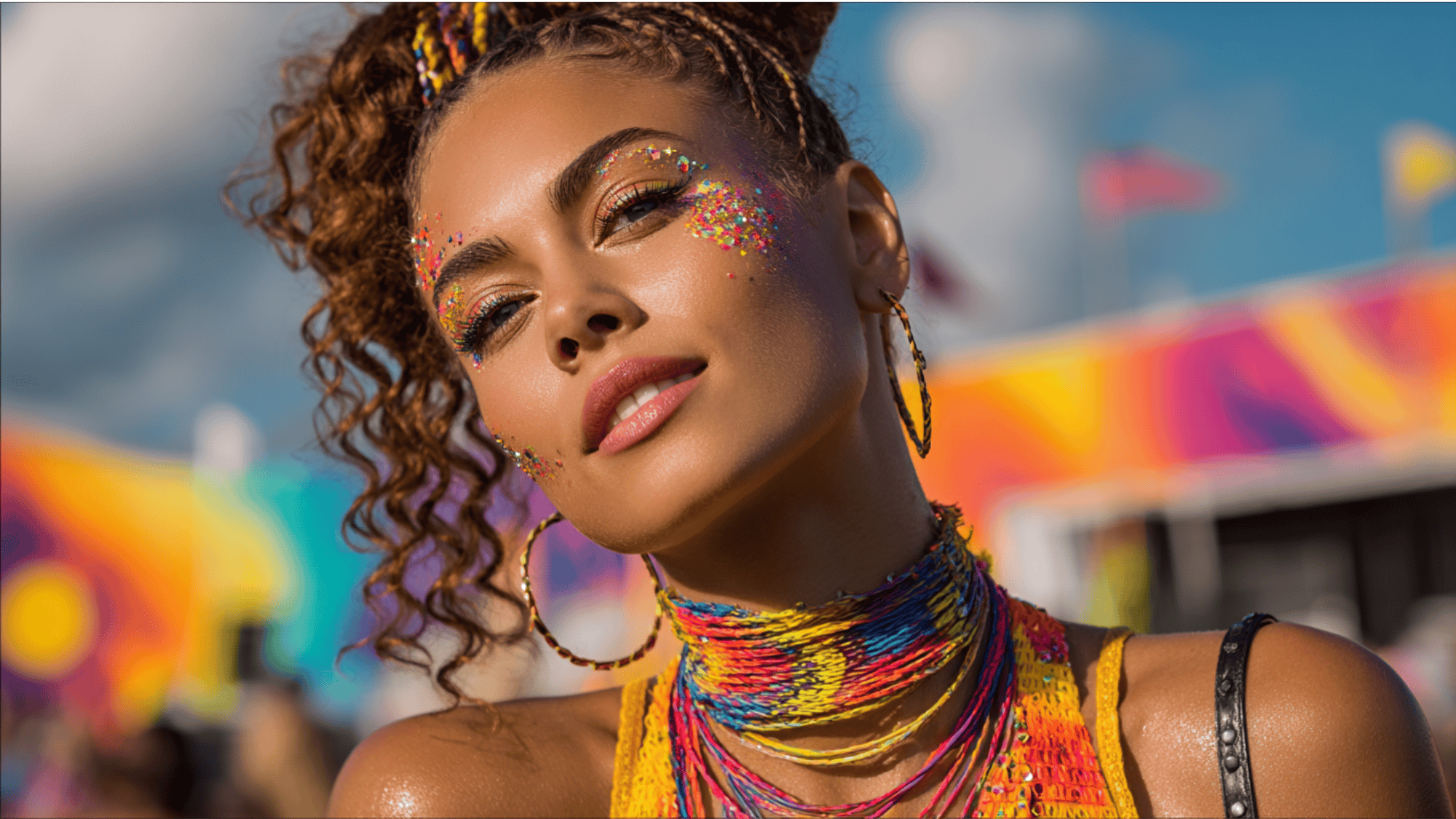 Festival makeup featuring colorful face gems, vibrant details, glitter accents, and creative styling