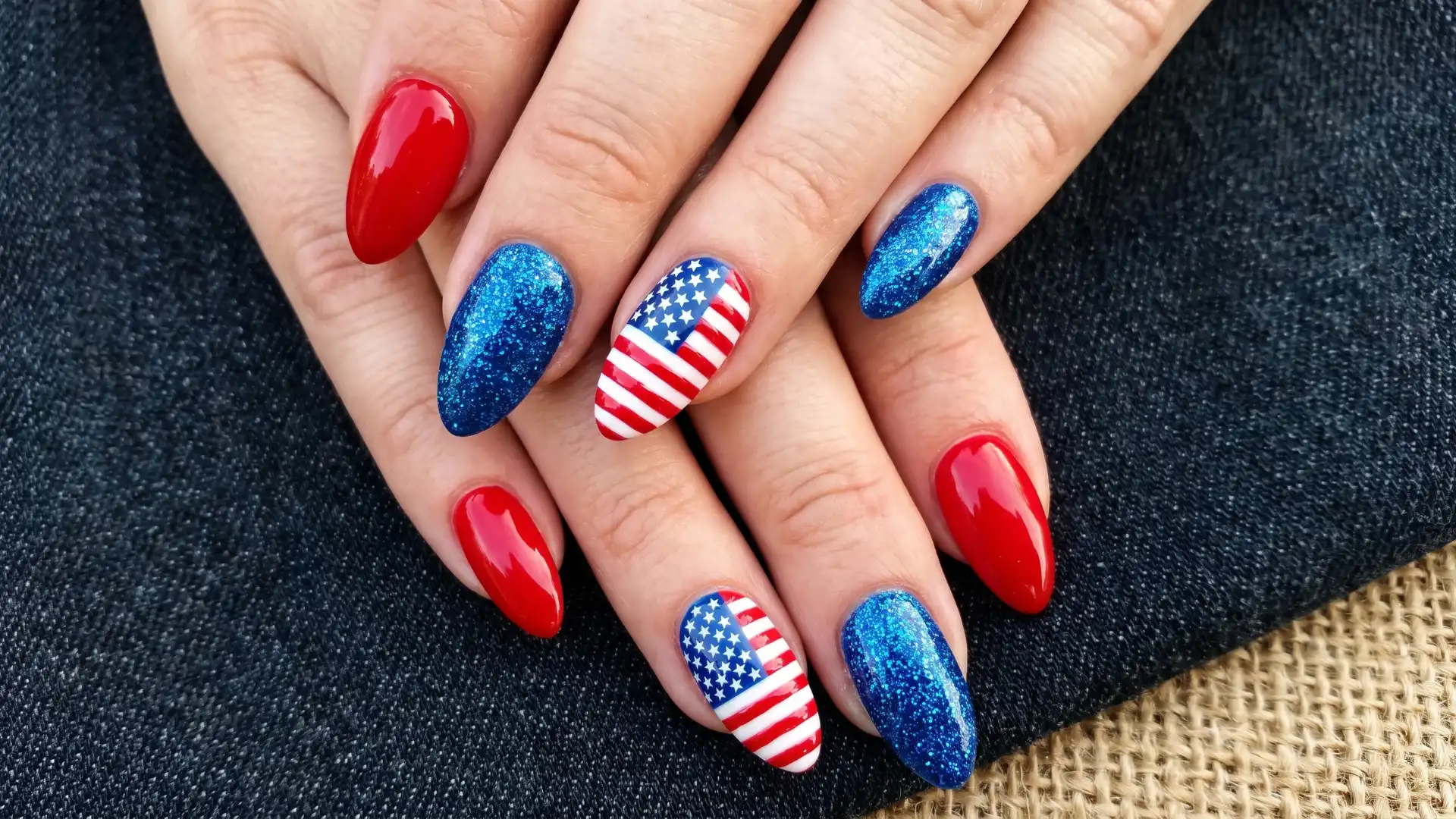 Creative patriotic manicure featuring glossy red nails, glittery blue nails, and miniature USA flag artwork