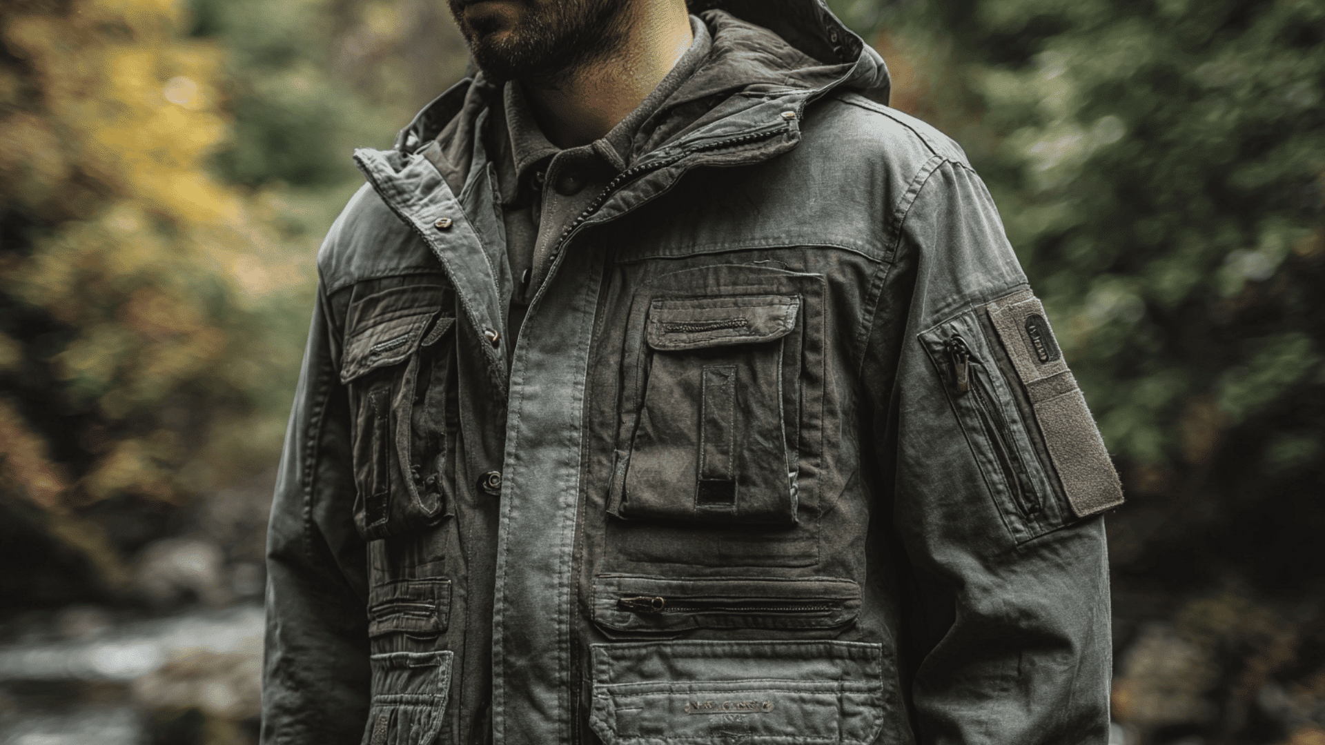 Olive field jacket with multiple utility pockets and durable outdoor construction