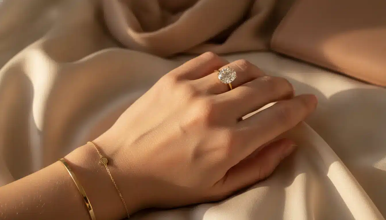Hand wearing diamond ring resting on beige silk fabric in soft lighting