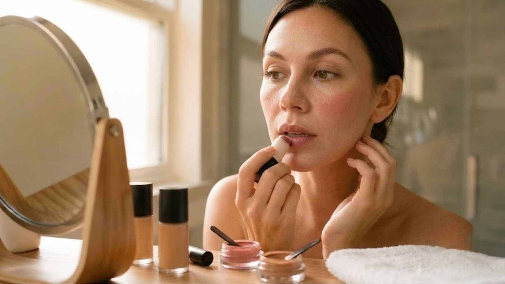 Woman applying tinted lip balm and powder to complete a natural makeup look