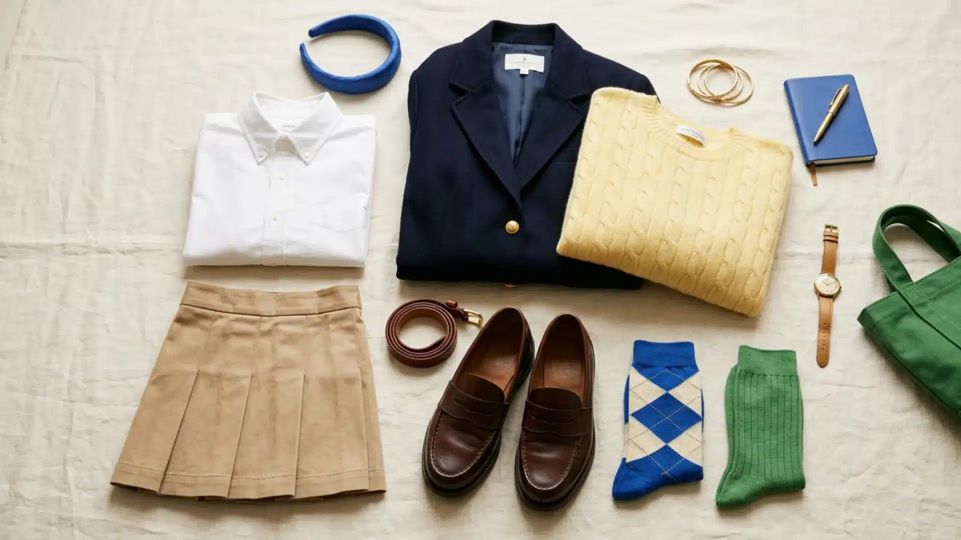 Flat lay of classic preppy fashion staples including a navy blazer, oxford shirt, pleated skirt, and loafers