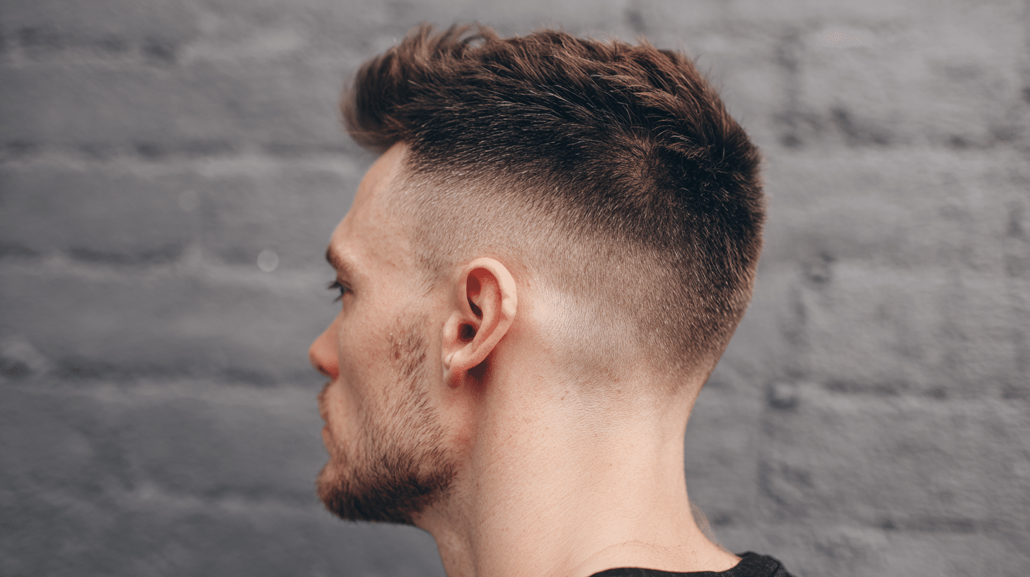 Man with modern flat top haircut and sharp structured hair shape
