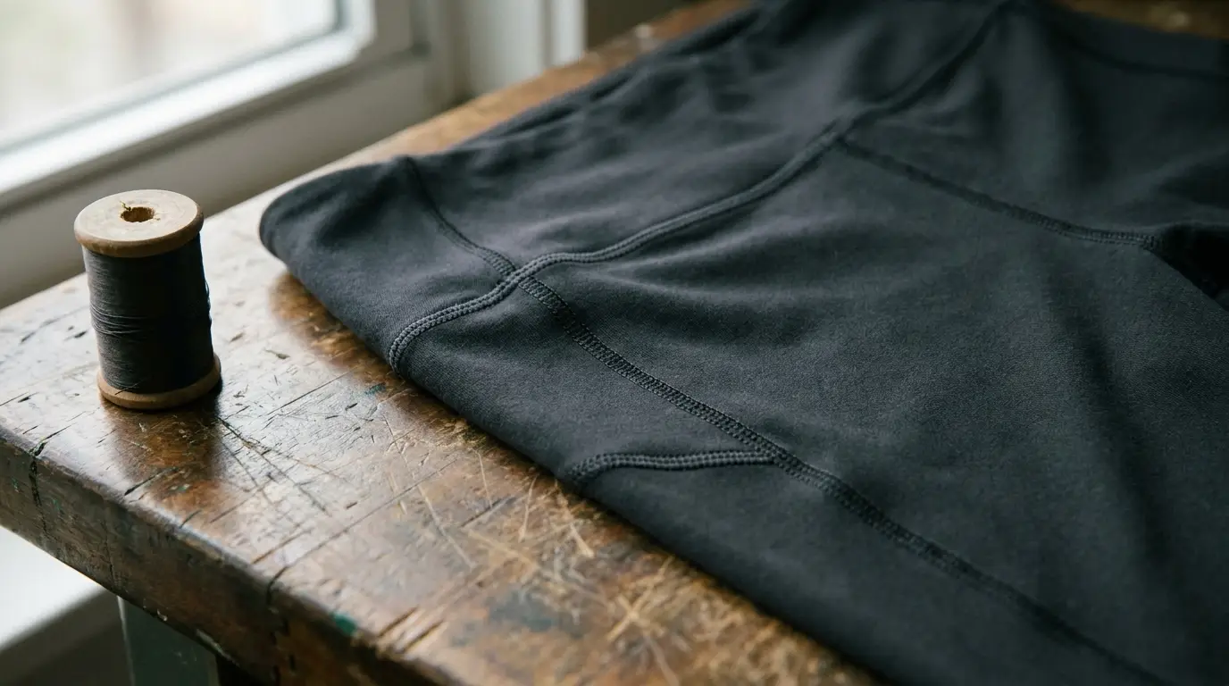 Black fabric with visible seams on wooden table next to spool of thread in soft light