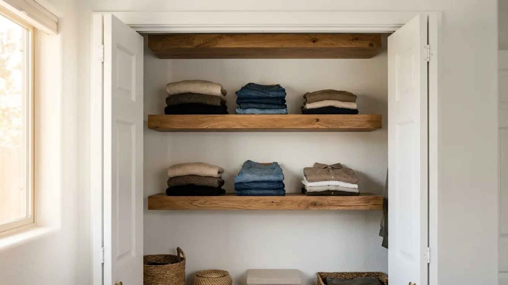 Floating closet shelves mounted with hidden brackets for a minimalist storage look