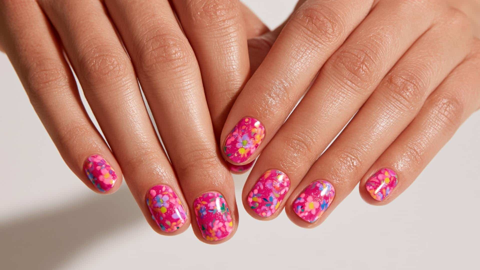 Hot pink nails with colorful confetti style floral print.