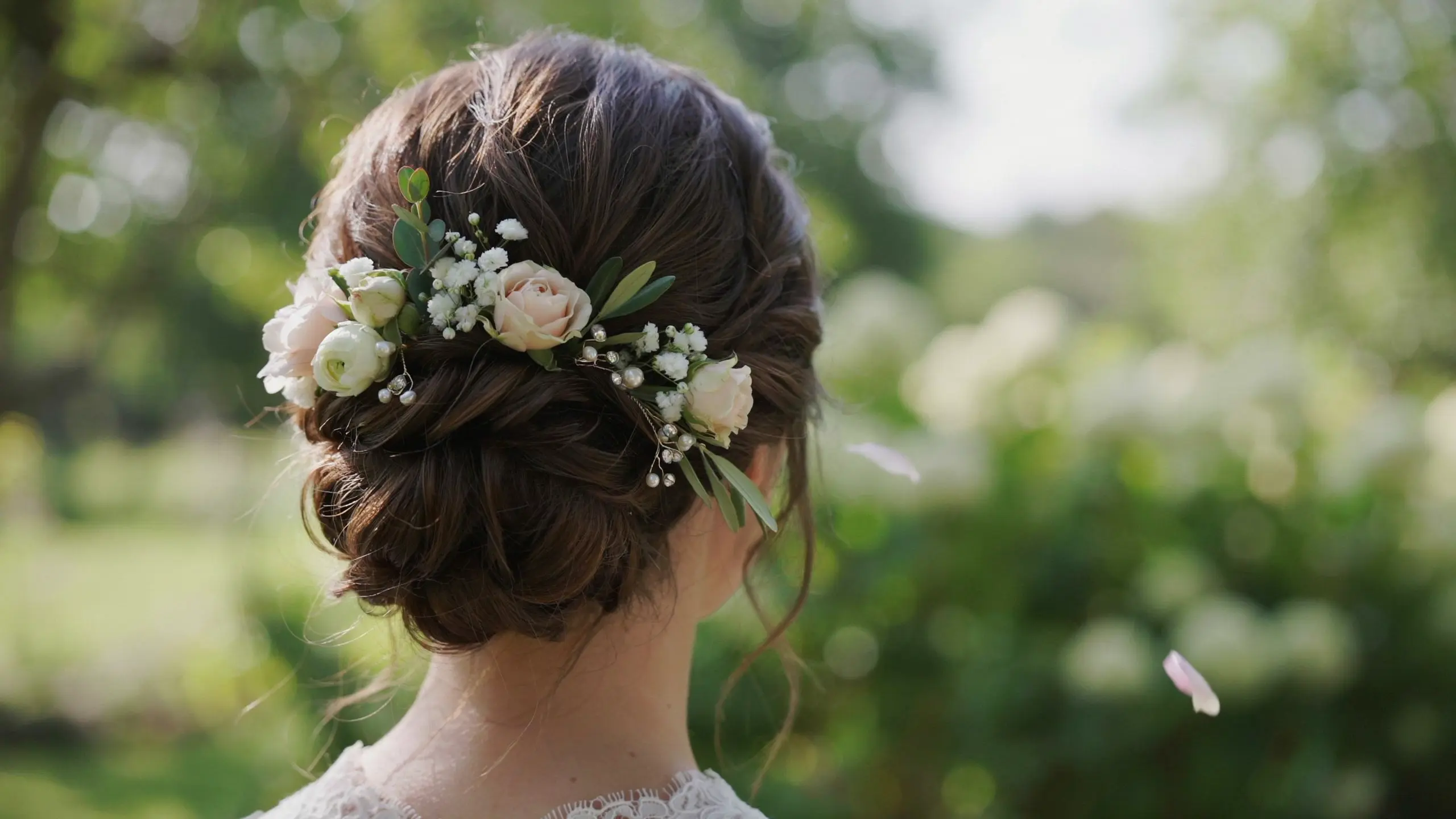 Floral wedding updo hairstyles with roses tucked into a bun