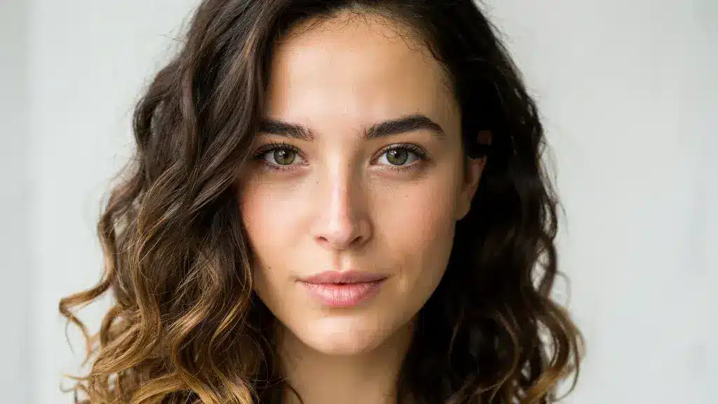 Close-up portrait of woman with wavy brunette hair, bright caramel highlights through dark brown foilyage ends.