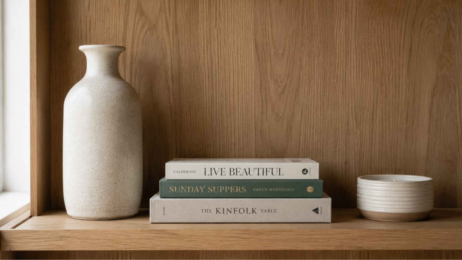 Tall vase, mid-height book stack, and small candle styled together