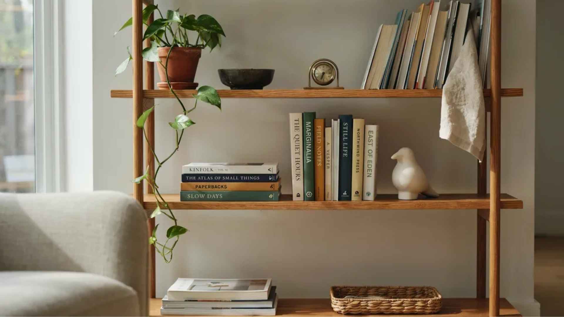 Horizontal book stack, upright row, and sculptural accent on a shelf