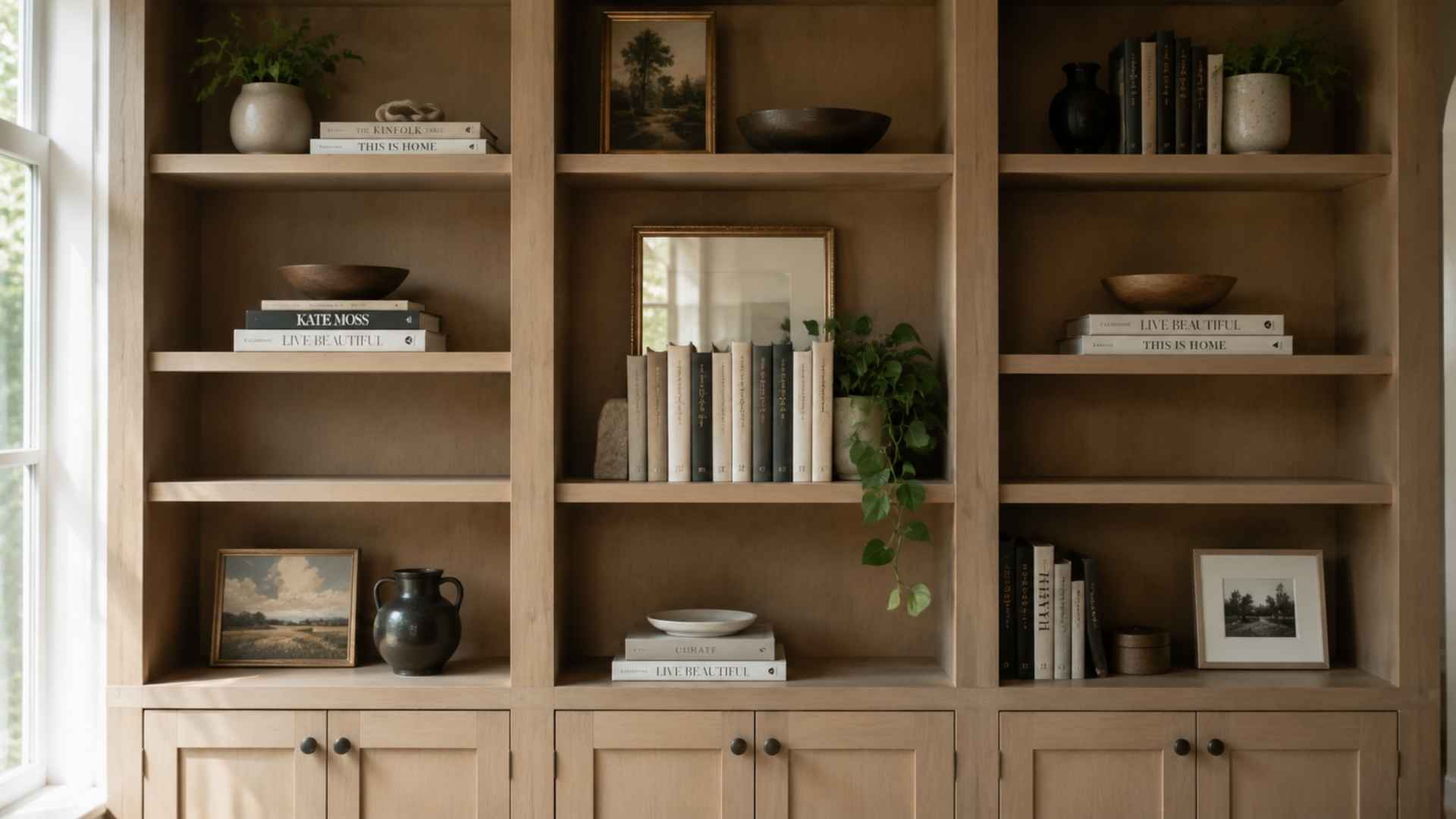 Leaned mirror, books, and trailing plant styled together on a shelf