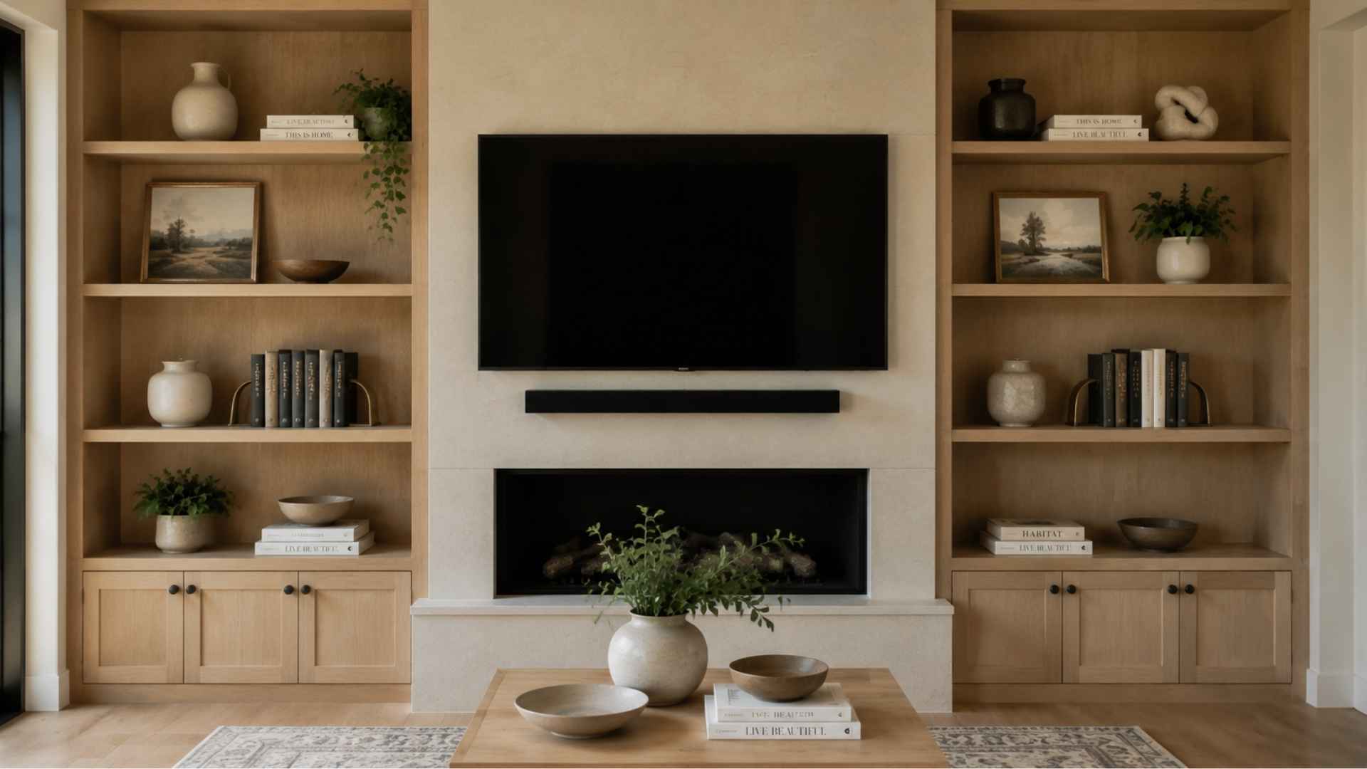 Bookshelf styled with balanced but non-identical objects on each side