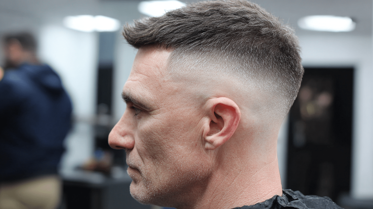 Man with a forward brushed buzz fade haircut and neatly faded sides.