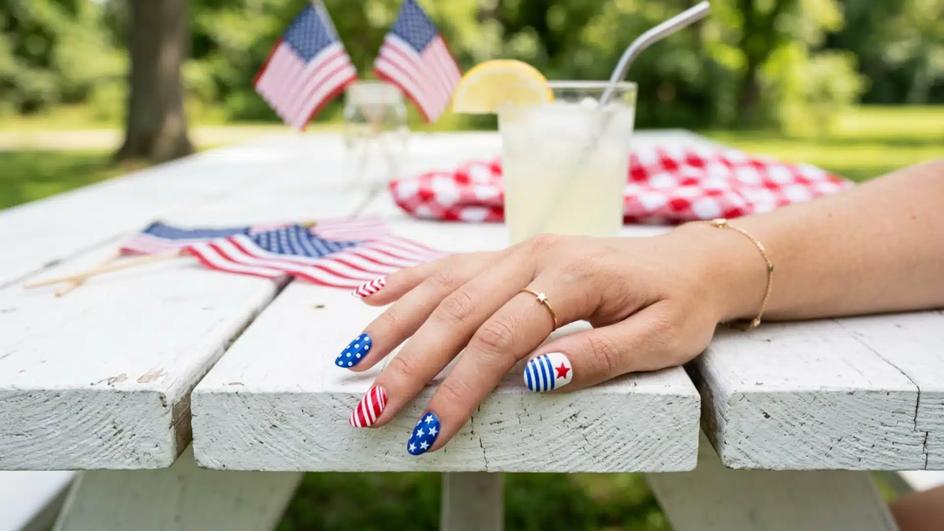 Fourth of July manicure showing red striped nails, blue star details, and American flag inspired patterns on a hand