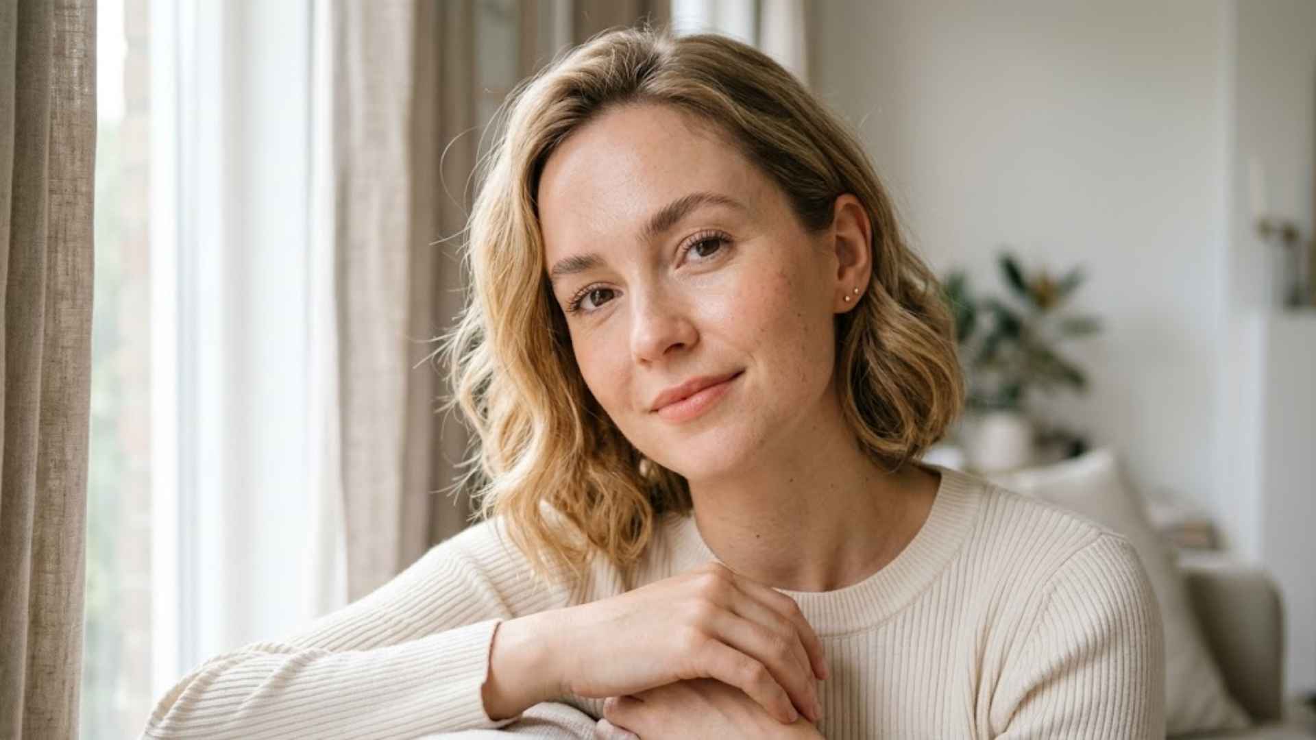 Woman wearing a fresh no makeup makeup look with natural skin tint, soft blush, brushed brows, and tinted lips