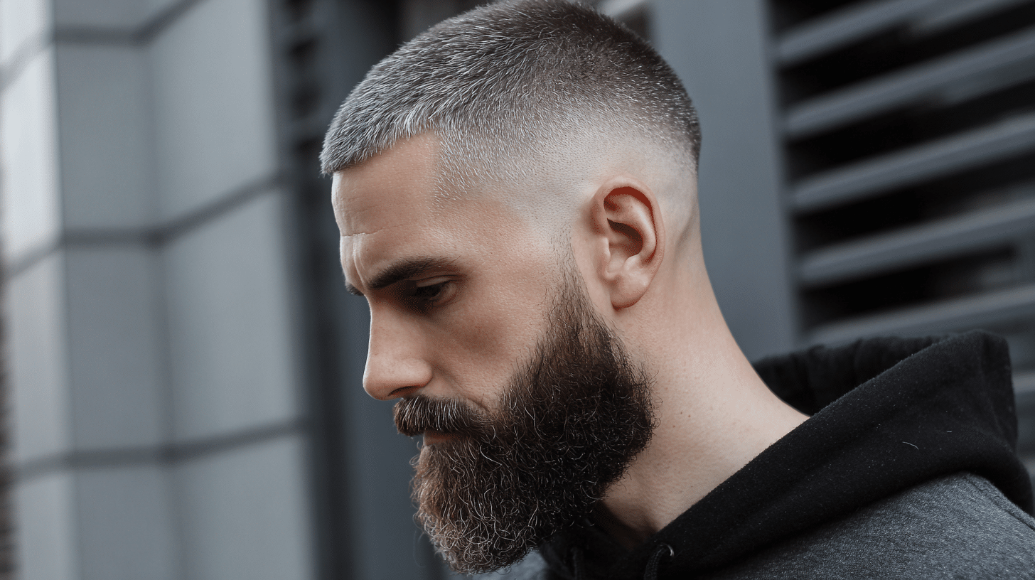 Man with a buzz fade haircut paired with a full beard and clean faded sides.