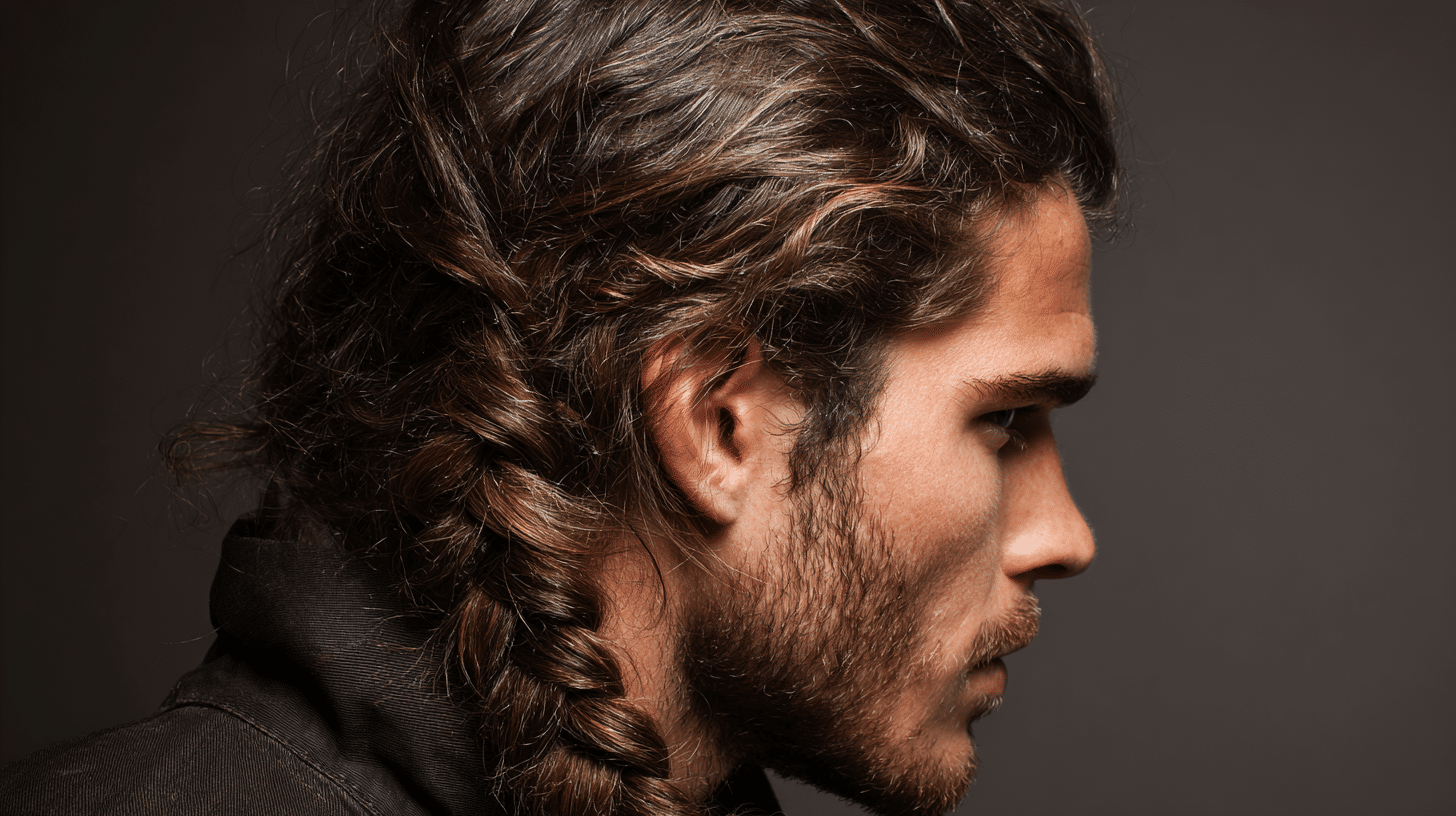 A man with long braid hairstyle with neat braided hair