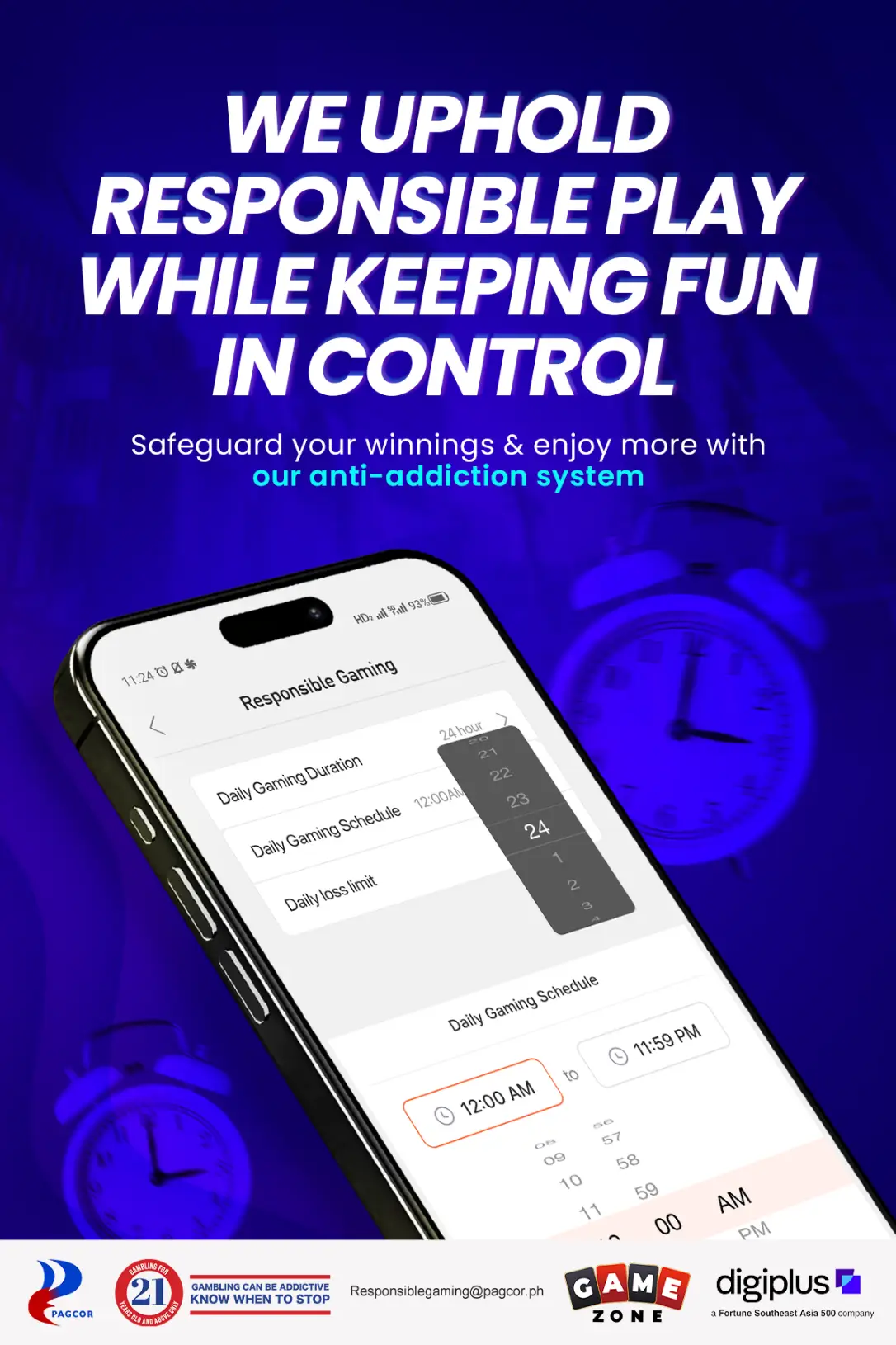 Smartphone screen displaying responsible gaming settings with dark blue background and clock imagery