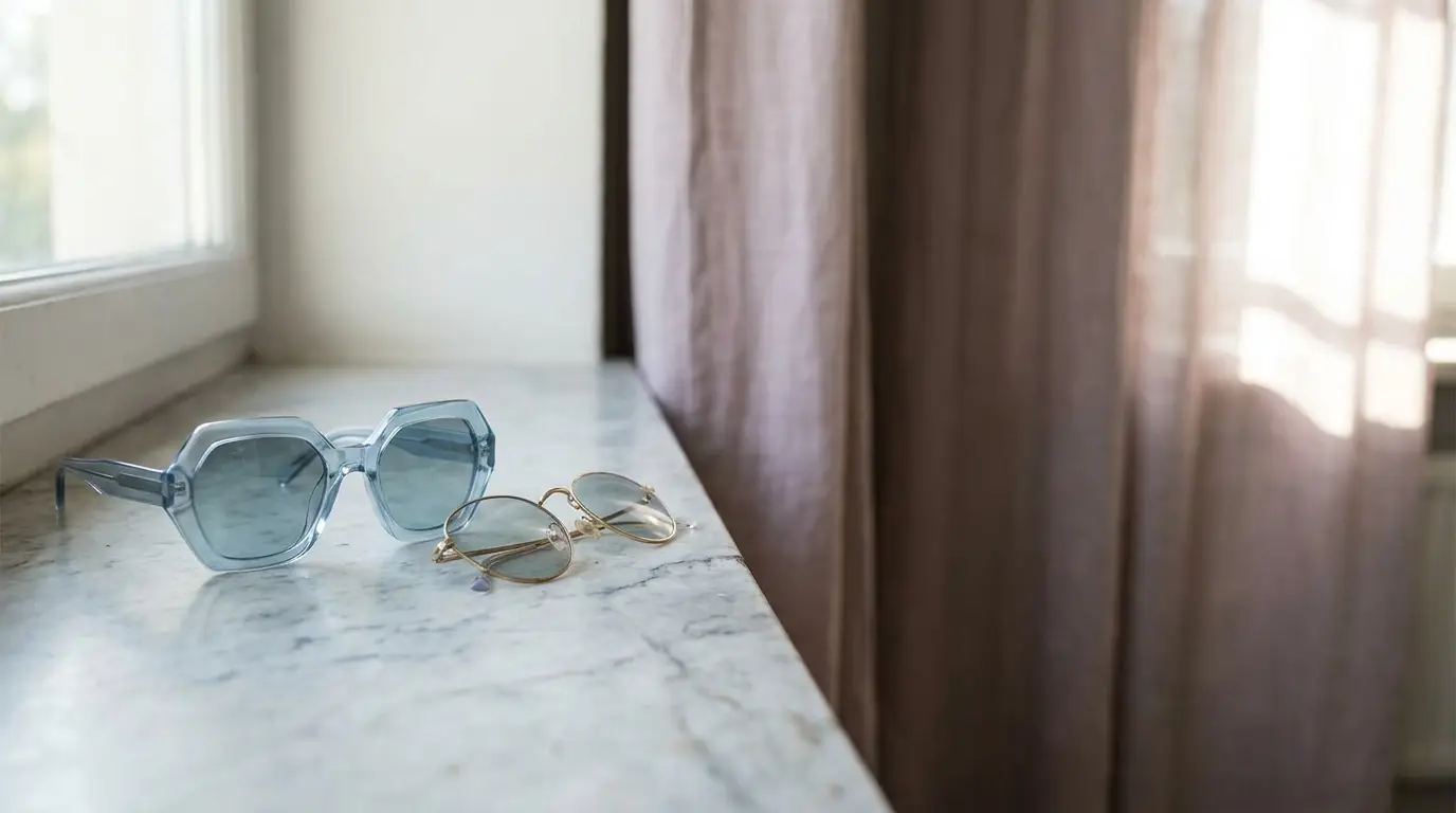 Blue and gold sunglasses on marble surface by window with curtains in soft natural light