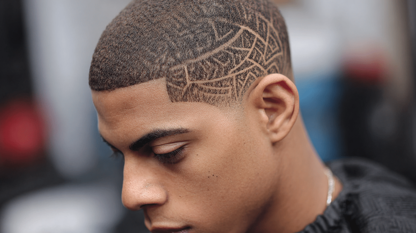 Man with a buzz fade haircut featuring creative geometric shaved patterns on the sides.