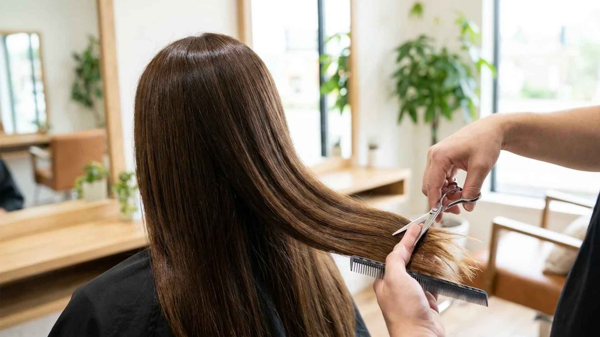 Hairstylist trimming damaged split ends of long hair with professional scissors in salon