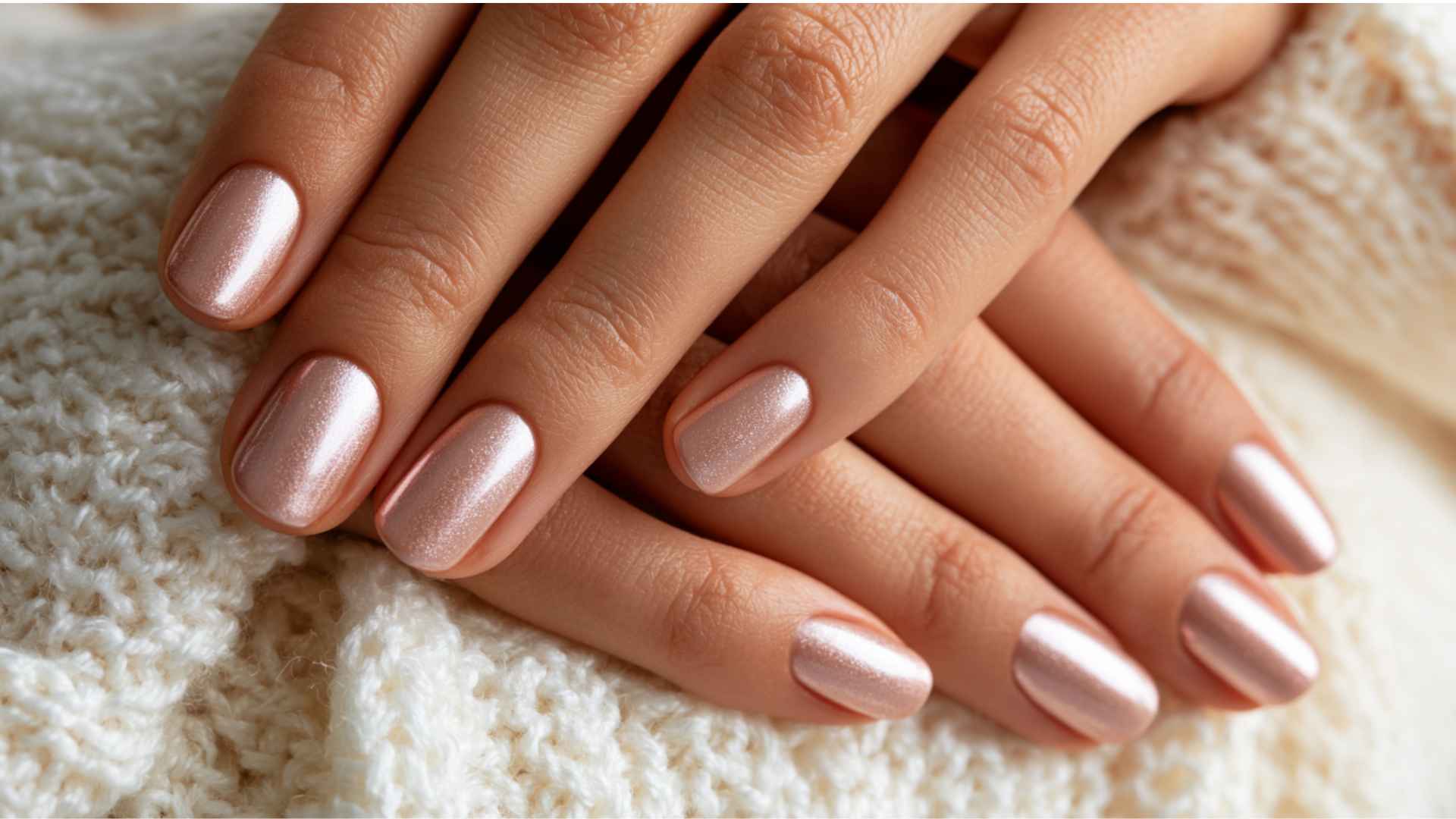 Fall winter glazed donut nails with champagne tones and glossy pearl chrome finish for a cozy manicure style