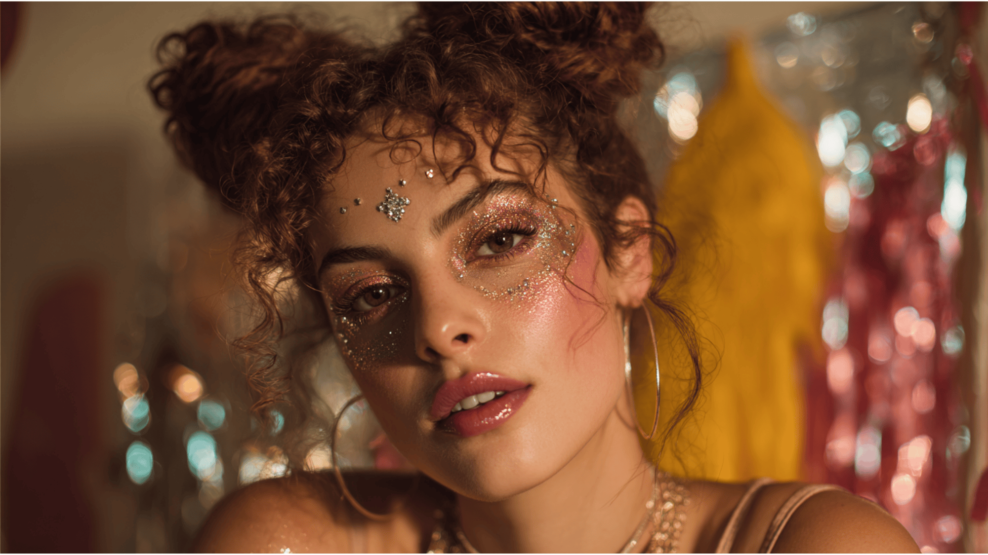 Glitter glam makeup featuring sparkling eyeshadow, face gems, glossy lips, and festive details