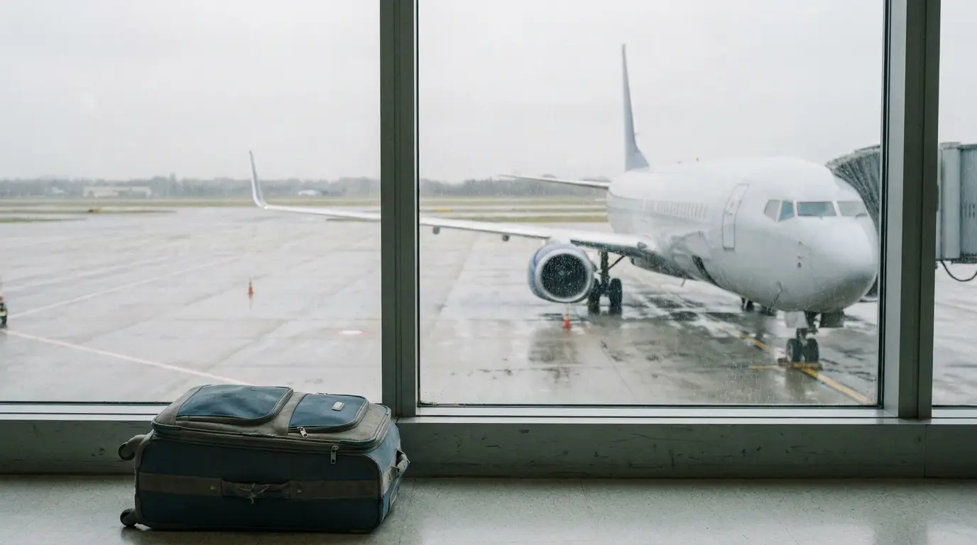 Airplane at gate with suitcase by airport window on overcast day