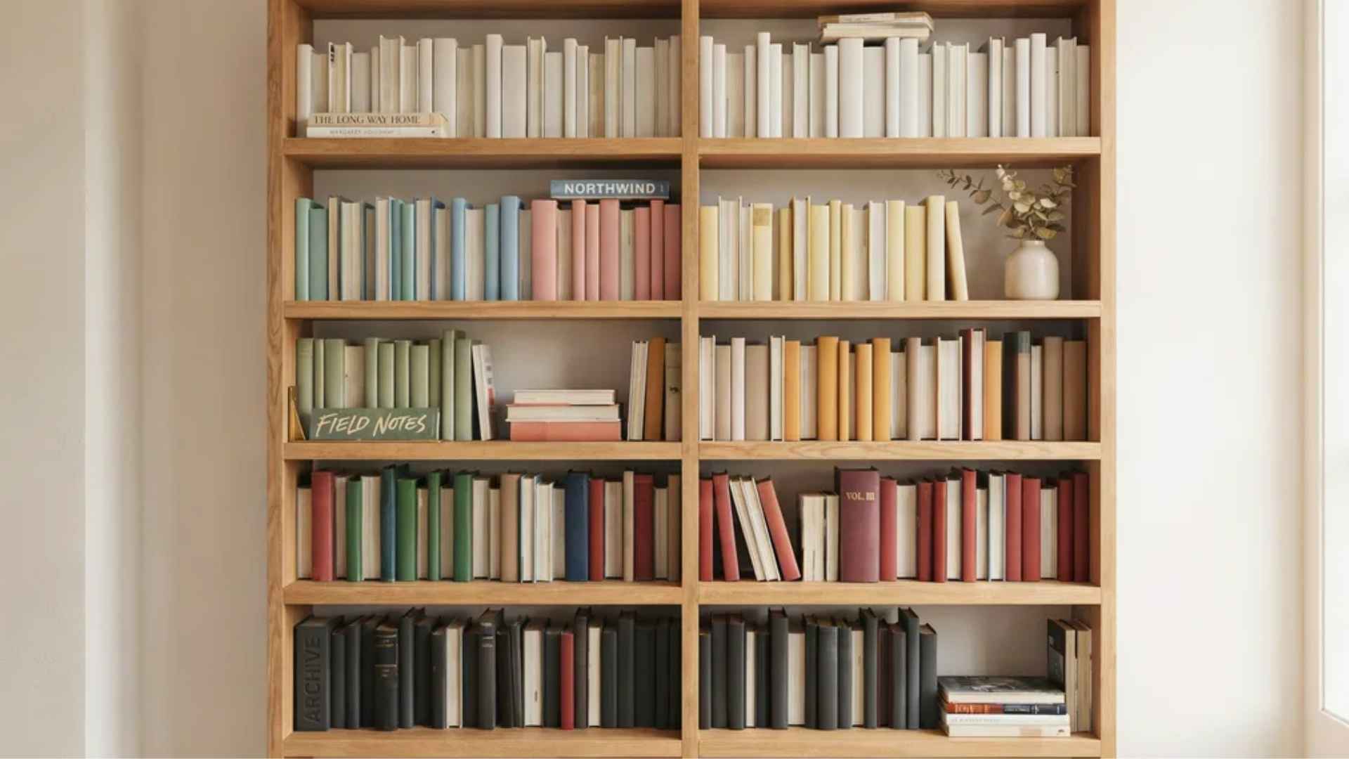 Bookshelf styled with books arranged in a light to dark color gradient