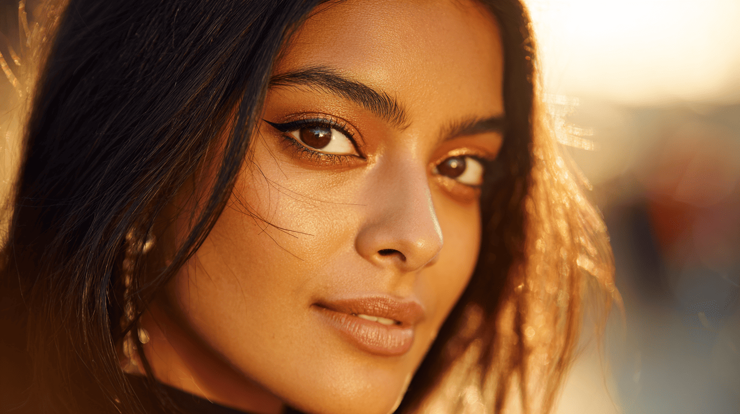 Woman wearing gold and bronze eyeshadow with a warm glowing makeup look for special occasions.