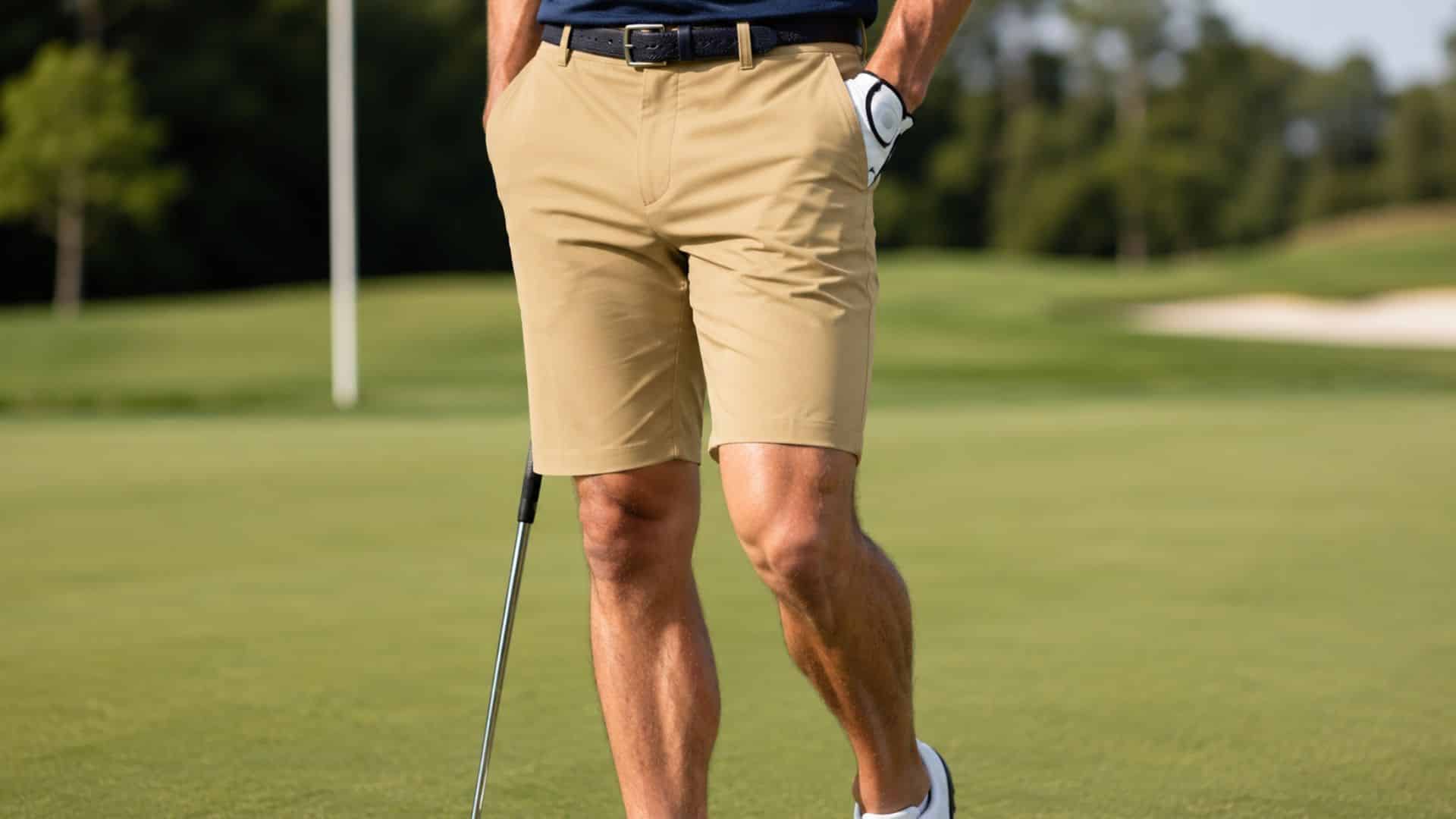 Male model wearing beige golf shorts with a polo shirt on a golf course, highlighting a tailored fit and performance style.