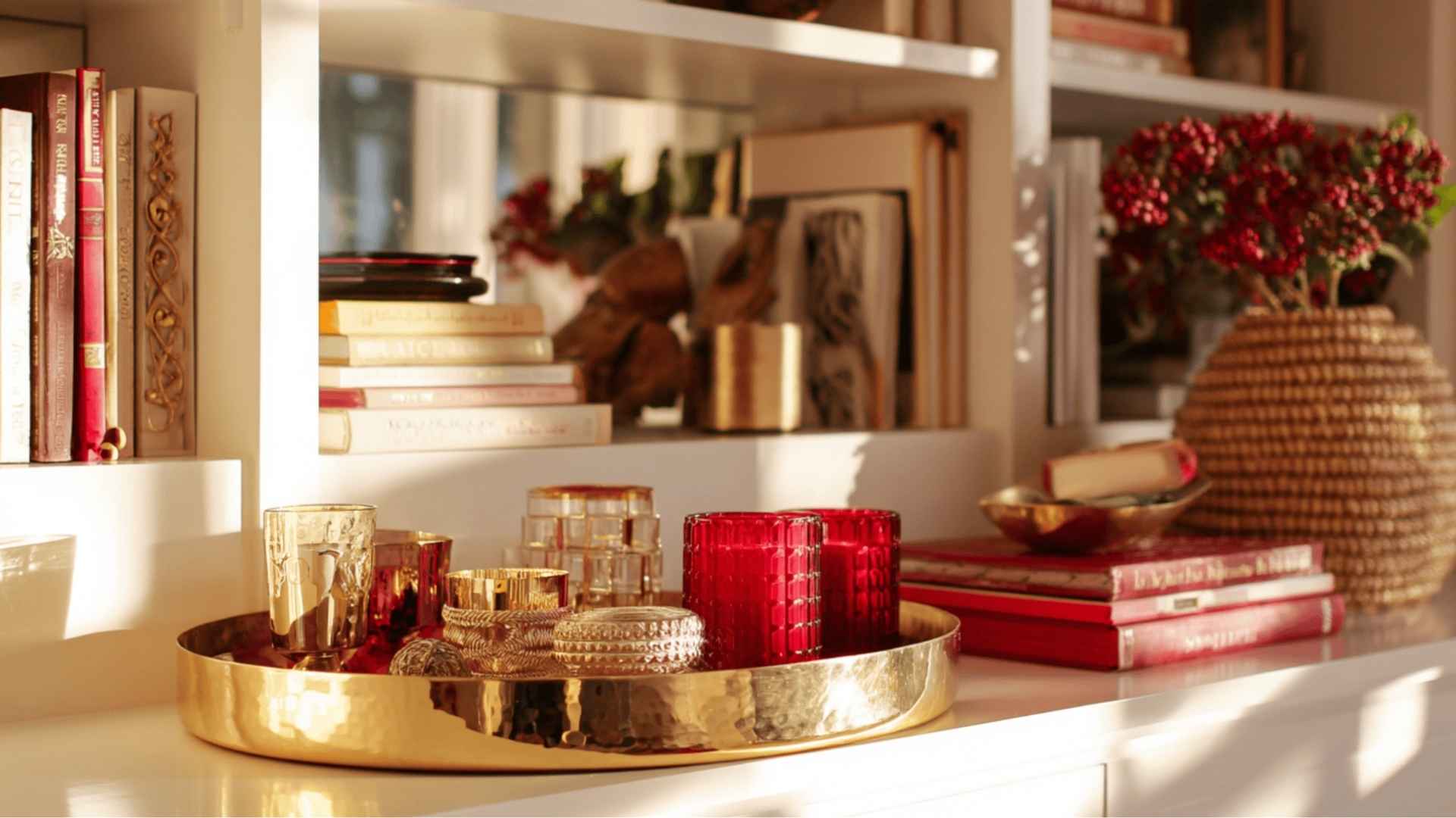 Small decor items grouped neatly together on a decorative tray