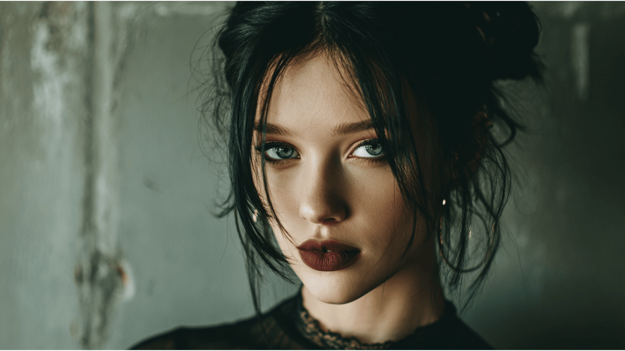 Grunge makeup look with dark lips, smudged eyeshadow, and edgy alternative beauty style