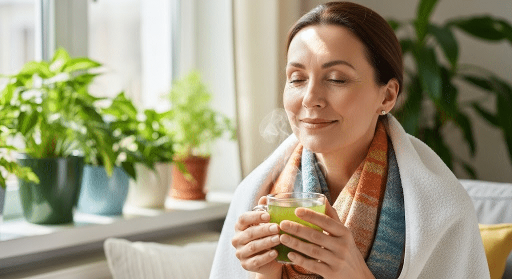 Woman relaxing with a warm drink and towel at home as part of a calming self care routine for healthy aging and wellness