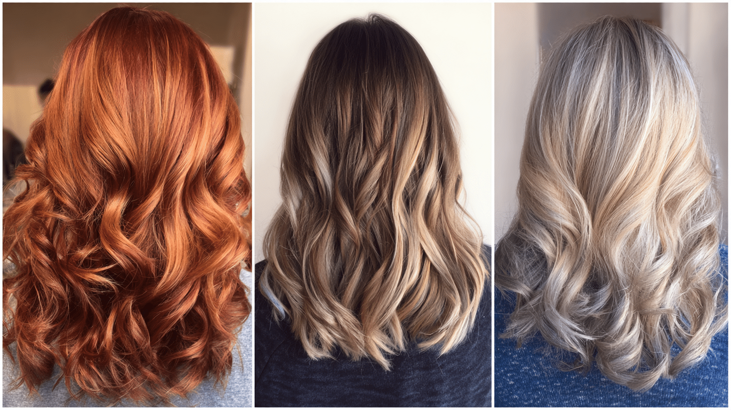 Comparison of warm copper, caramel brunette balayage, and cool ash blonde hair colours for different skin undertones.