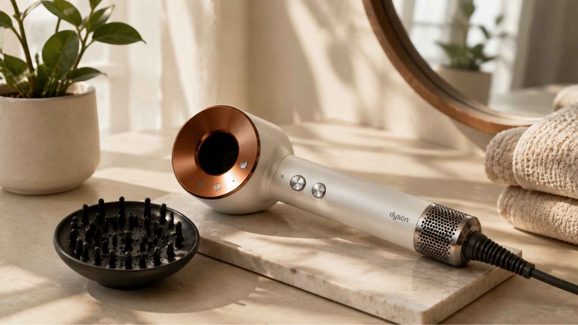 White Dyson hair dryer with diffuser attachment placed on a marble vanity with towels and plants