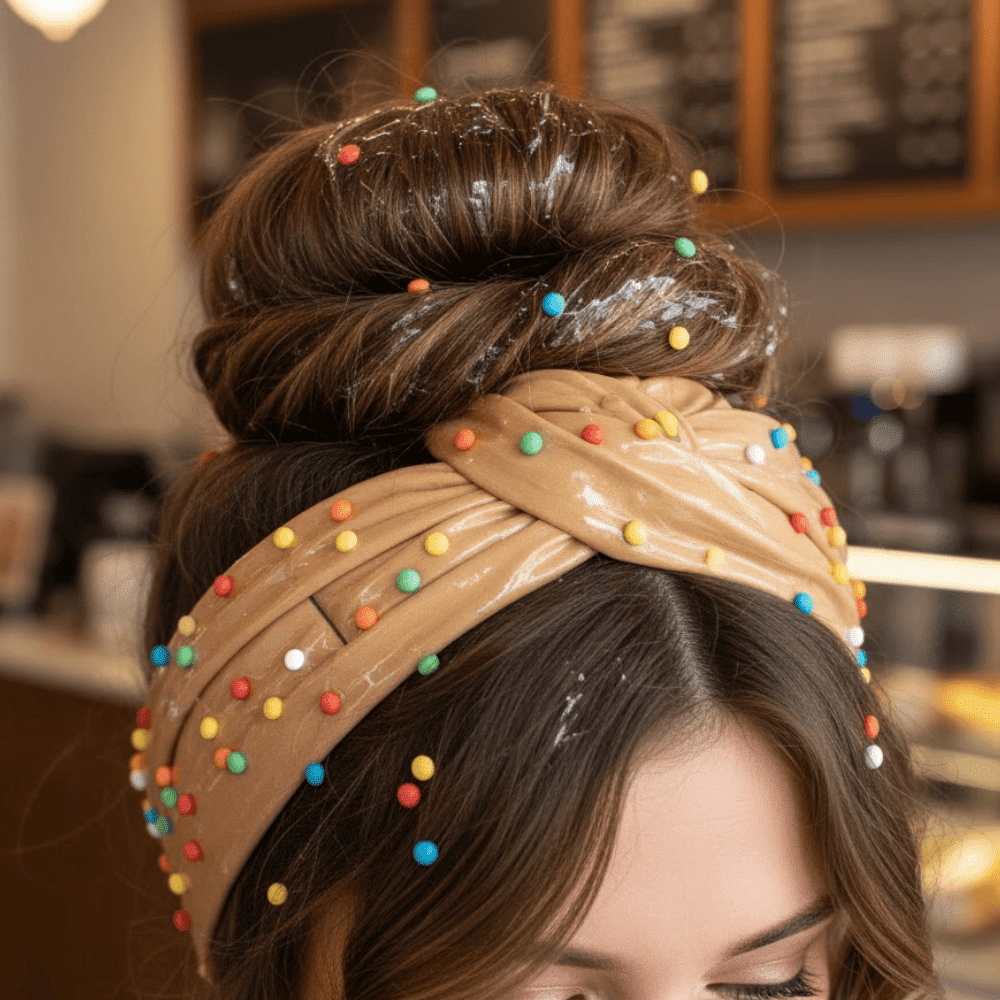 Child wearing a donut inspired bun hairstyle with colorful sprinkle decorations.