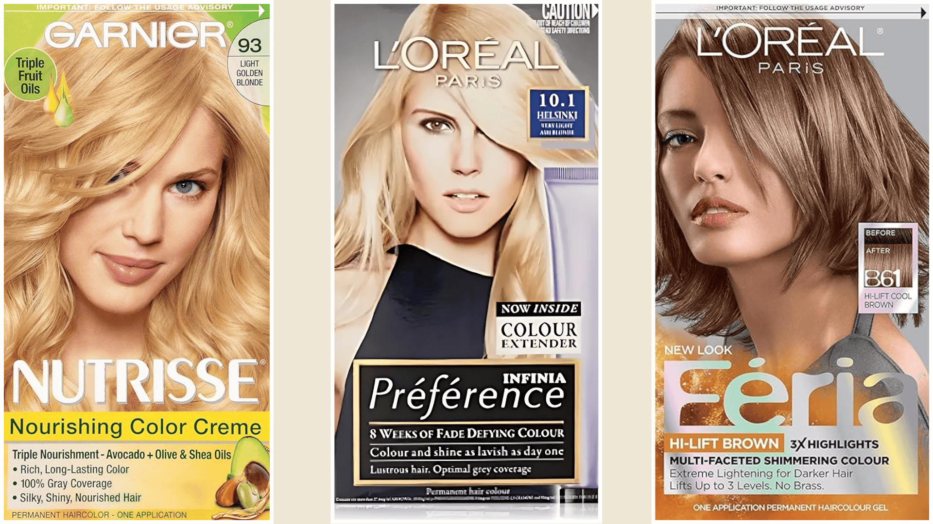 Popular boxed hair dye options in blonde and cool brown shades for at home hair colouring and shade selection.