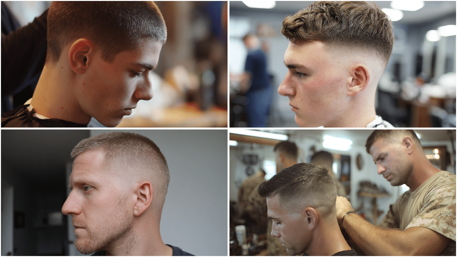Collage showing popular men’s haircut styles by number, featuring side-profile buzz cut, fade, crew cut, and textured short hairstyles