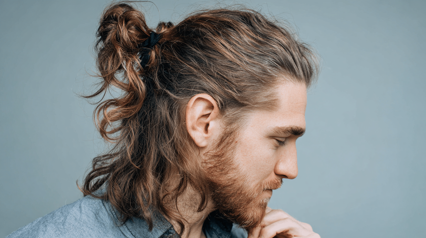 A man with half up ponytail hairstyle with tied top section and flowing long hair