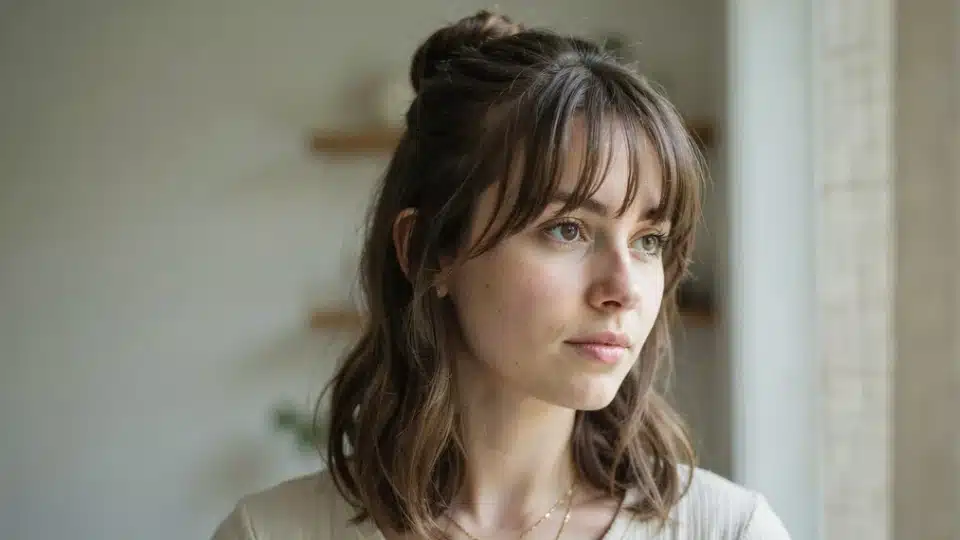 Woman wearing a half up hairstyle with curtain bangs softly framing her face and cheekbone length layers