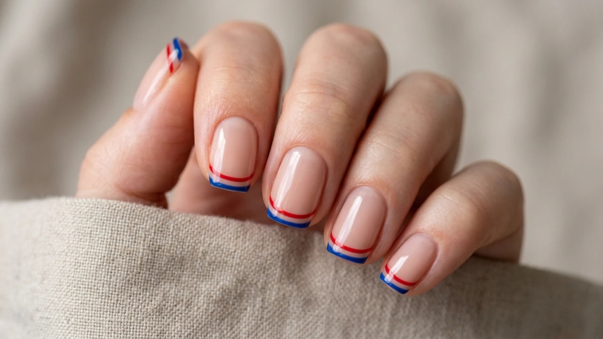 Close view of creative French tip nails with soft nude base and bold red blue edge details on rounded nail shapes