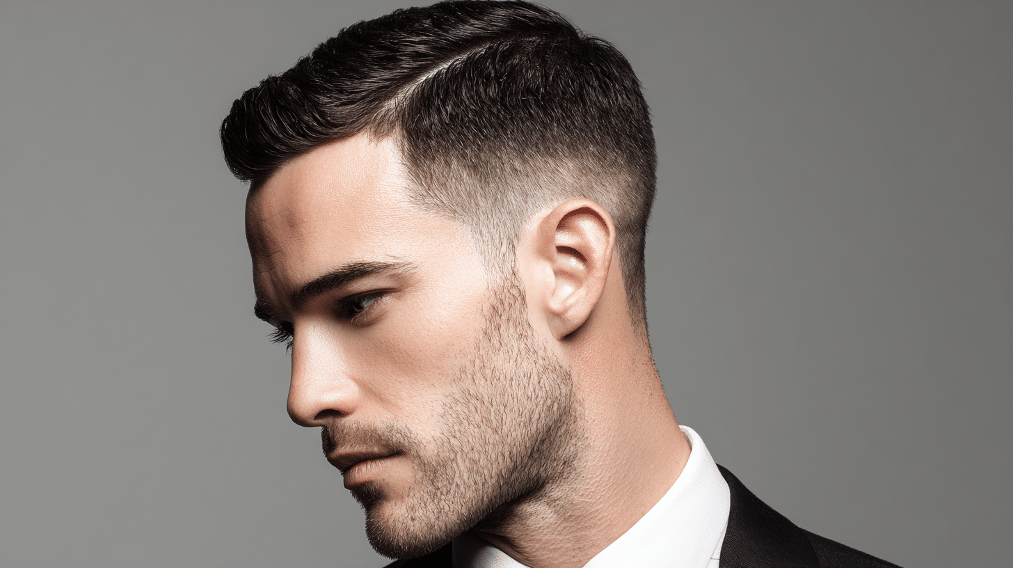 Man with hard part haircut featuring sharp side line detail