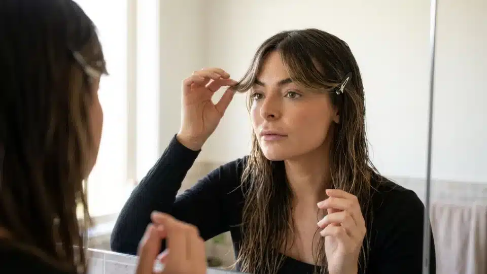 Woman air drying curtain bangs with styling clips while shaping them away from the face without heat