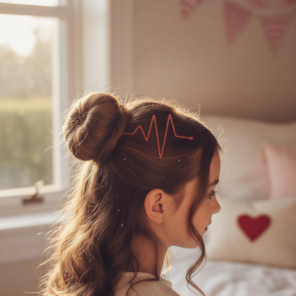 Side view of a young girl with a neat bun featuring a heartbeat shaped hair accessory in a cozy bedroom setting.