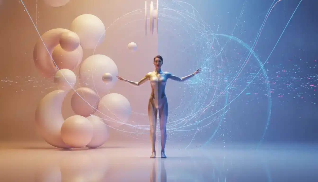Futuristic figure in silver suit surrounded by glowing geometric shapes and digital effects